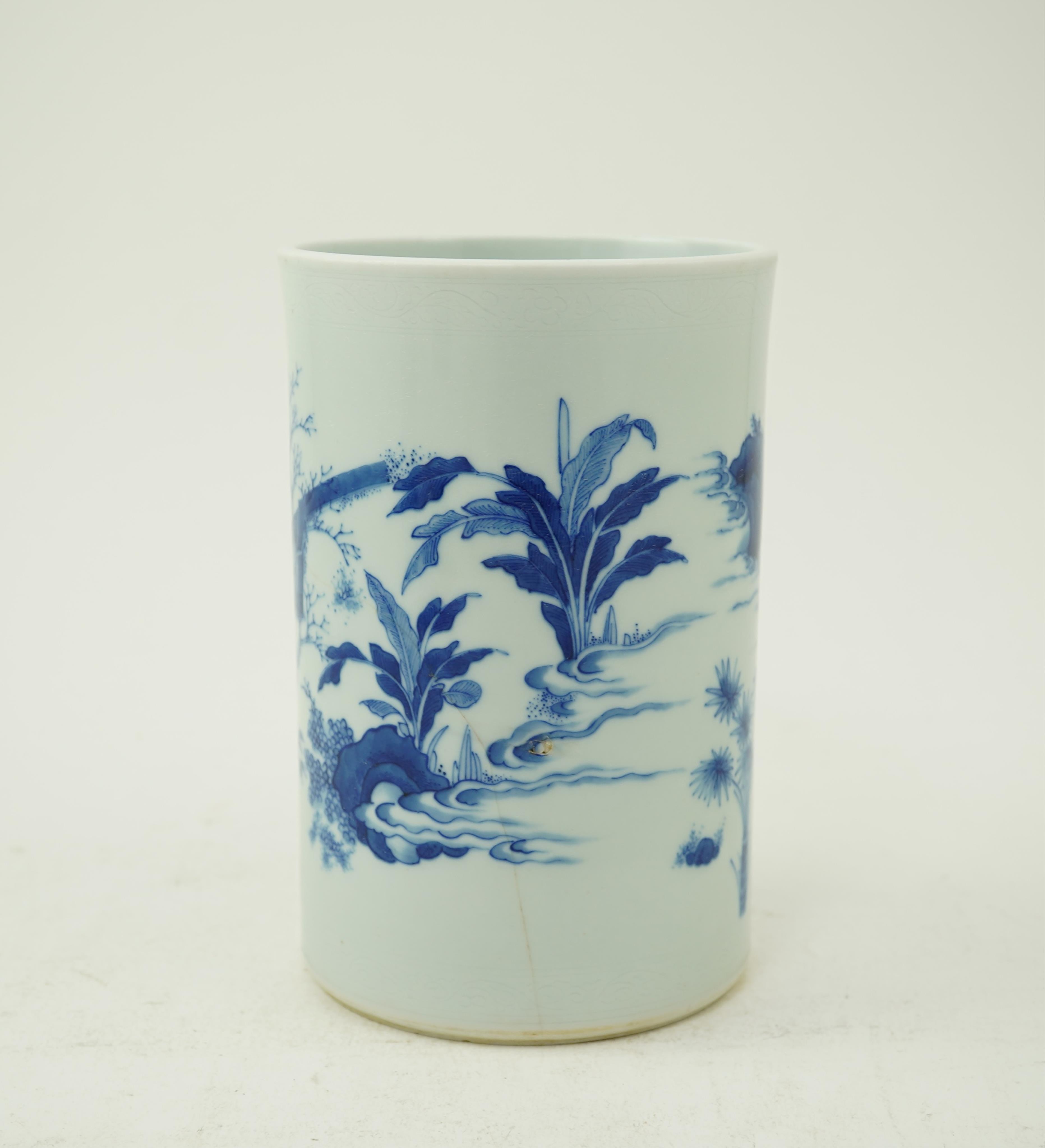 A Chinese blue and white brush pot, Transitional or later